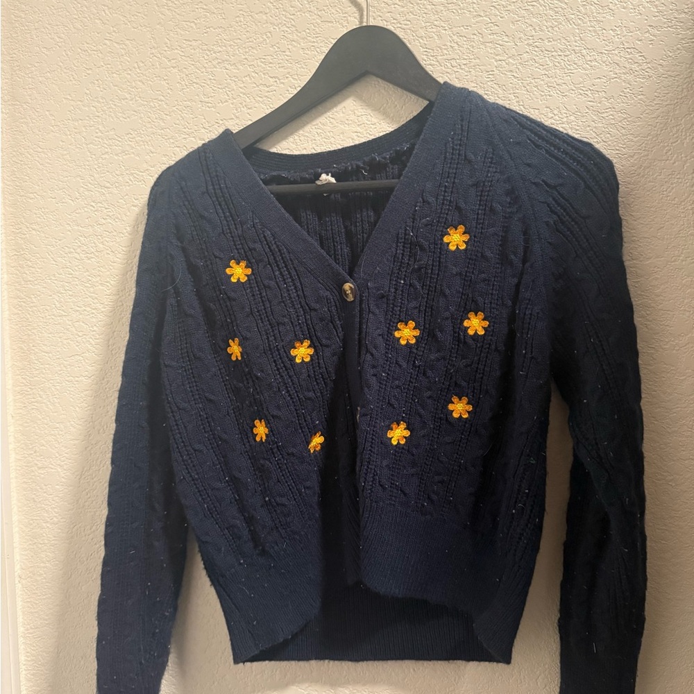 Navy Blue Cardigan with orange and yellow flowers
